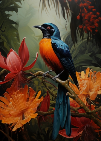 Bird of paradise with jungle flowers