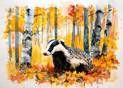 Birch fall forest with badger