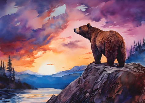 Bear in the mountains with purple sunset