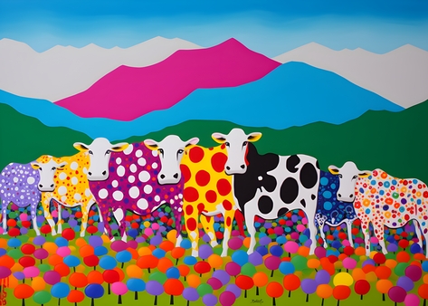 Colorful cows in polka dot style