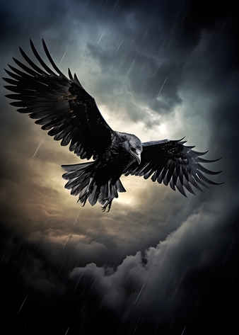 Crow flying in a stormy night