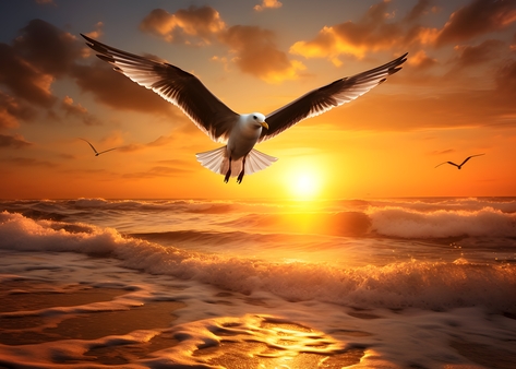 Seagull flying with golden ocean sunset, landscape