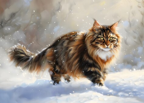Norwegian forest cat in the snow